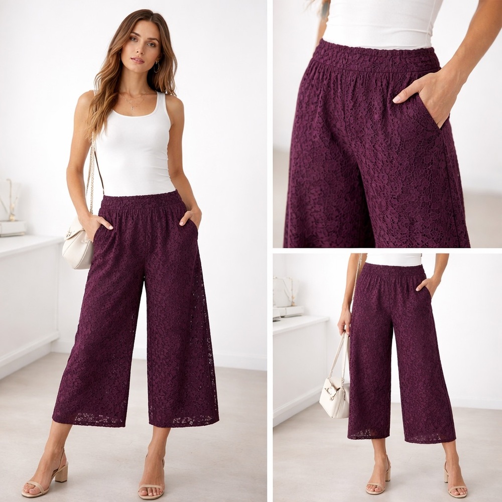 Zara Women's Plum‎ Floral Lace Wide Leg Pants XS